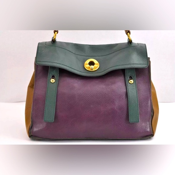 YVES SAINT LAURENT Muse II Shoulder Bag Suede & Leather Blk, Tan Prpl Authentic - Picture 2 of 6